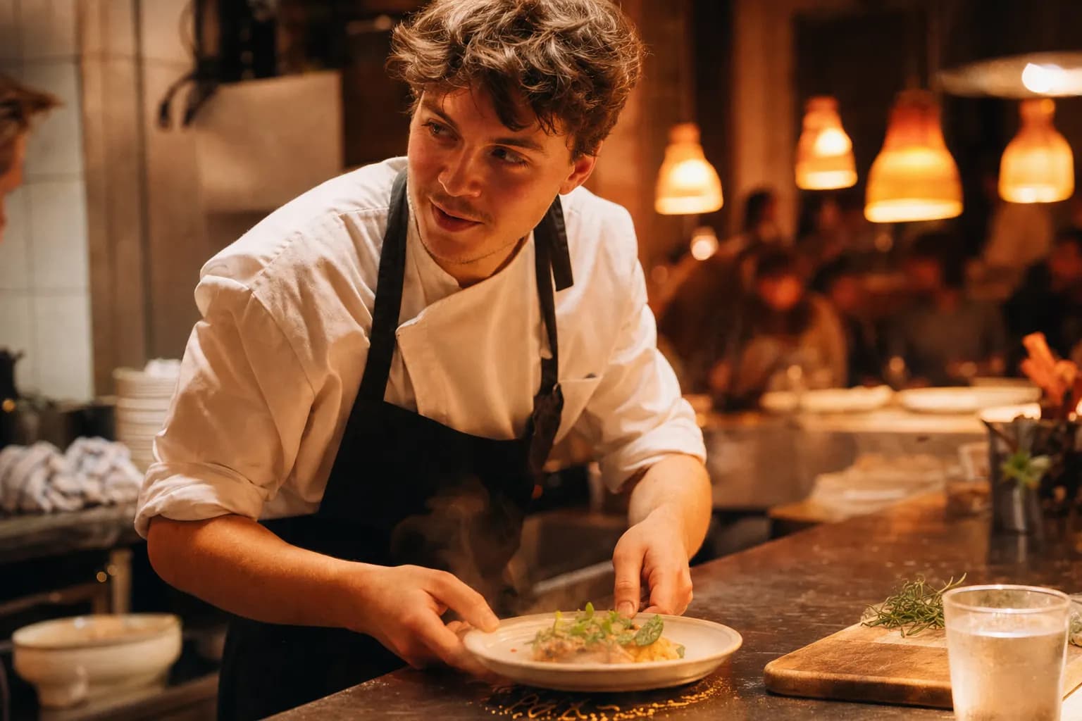 Küchenchef richtet in der Restaurantküche ein Gericht an und garniert es mit Kräutern