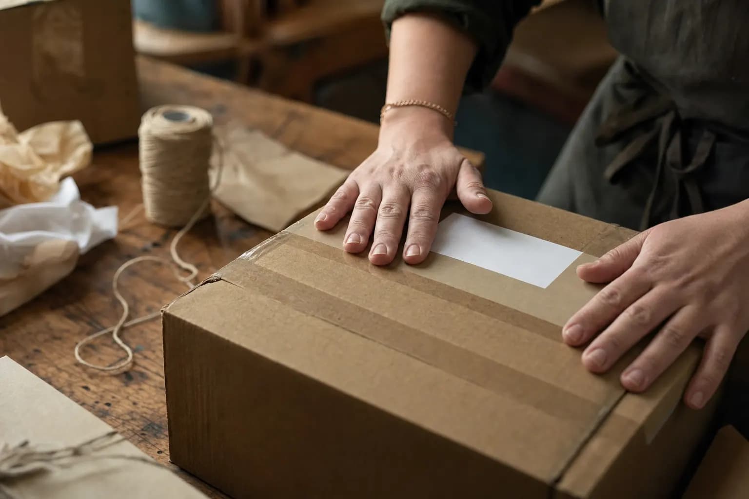 Hände verschliessen ein Versandpaket und glätten ein leeres Etikett.