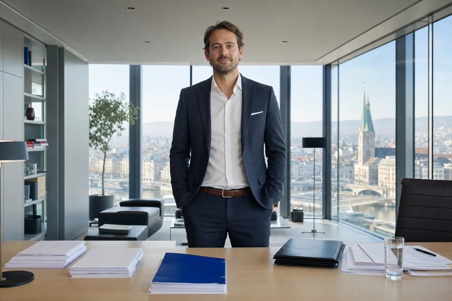 Treuhänderin arbeitet am Schreibtisch an Unterlagen, im Hintergrund Fenster mit Bergsee-Aussicht