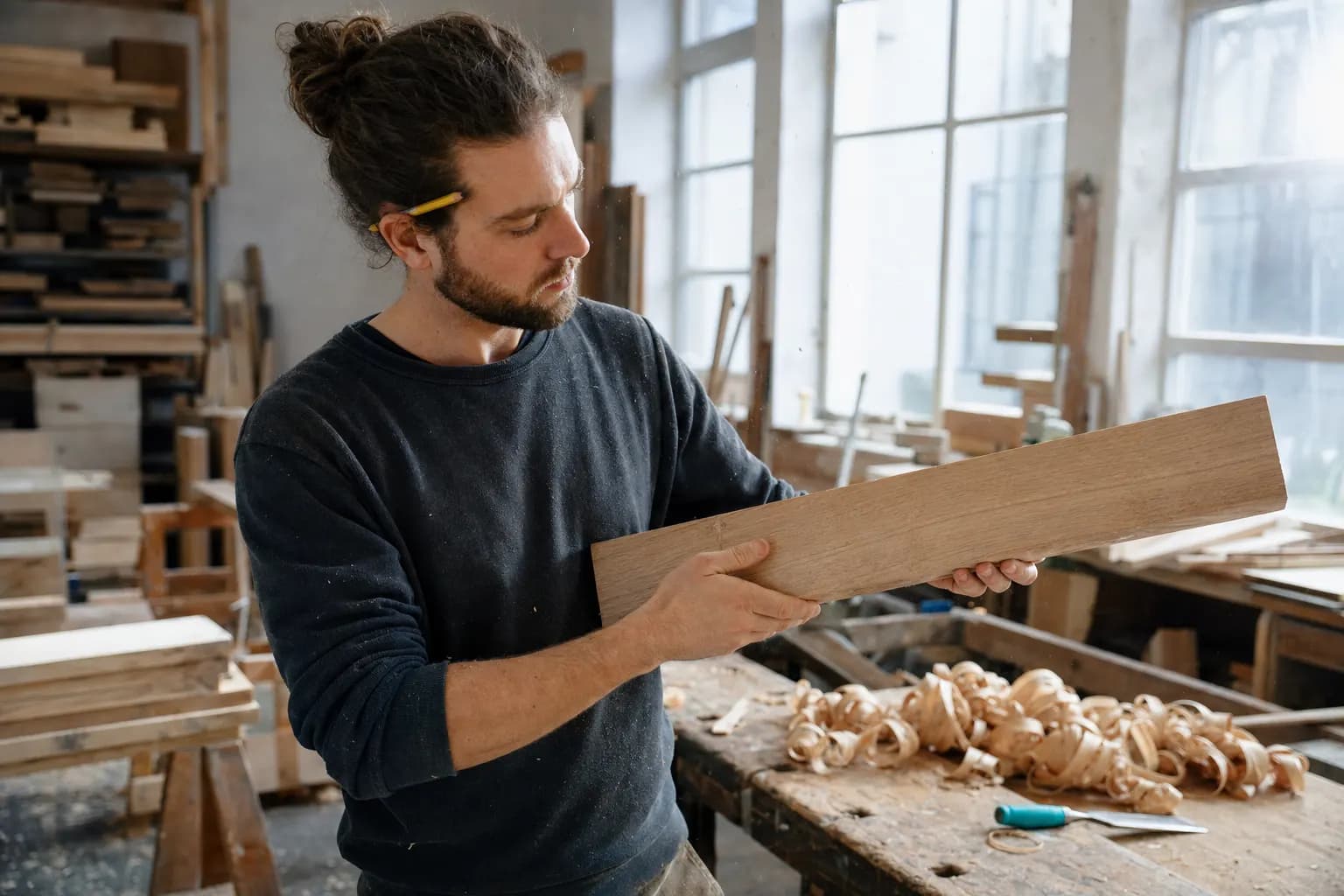 Schreiner steht in seiner Werkstatt und prüft einen Holzbalken mit der Hand.