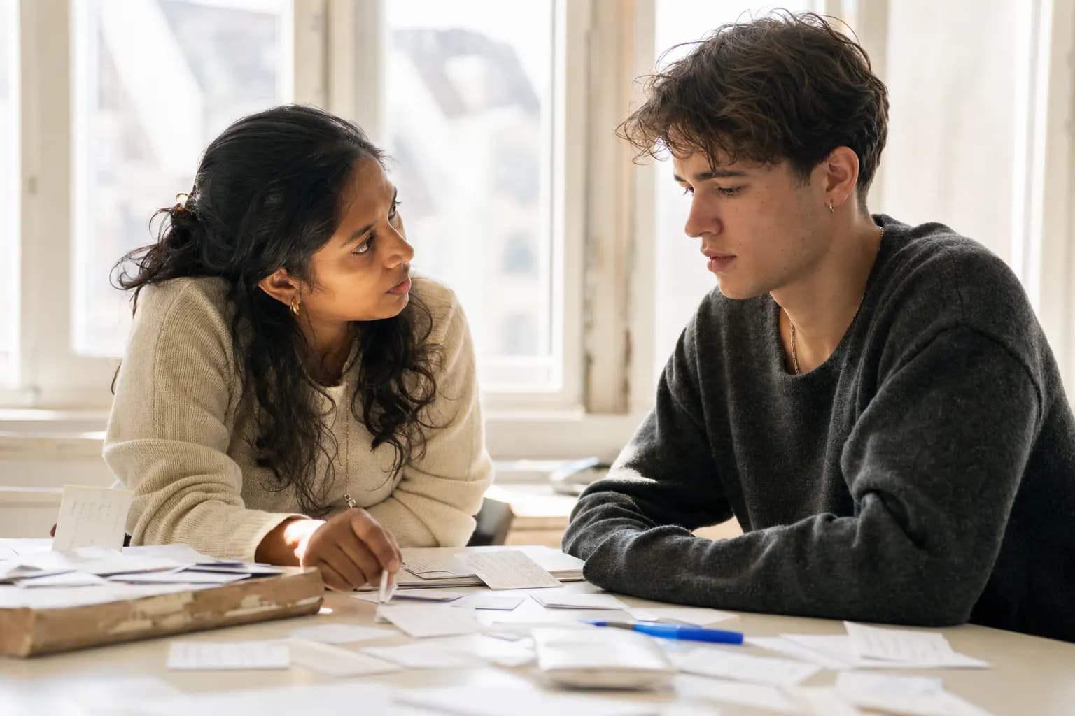 Lehrperson und Lernende in einem hellen Unterrichtsraum im konzentrierten Austausch.