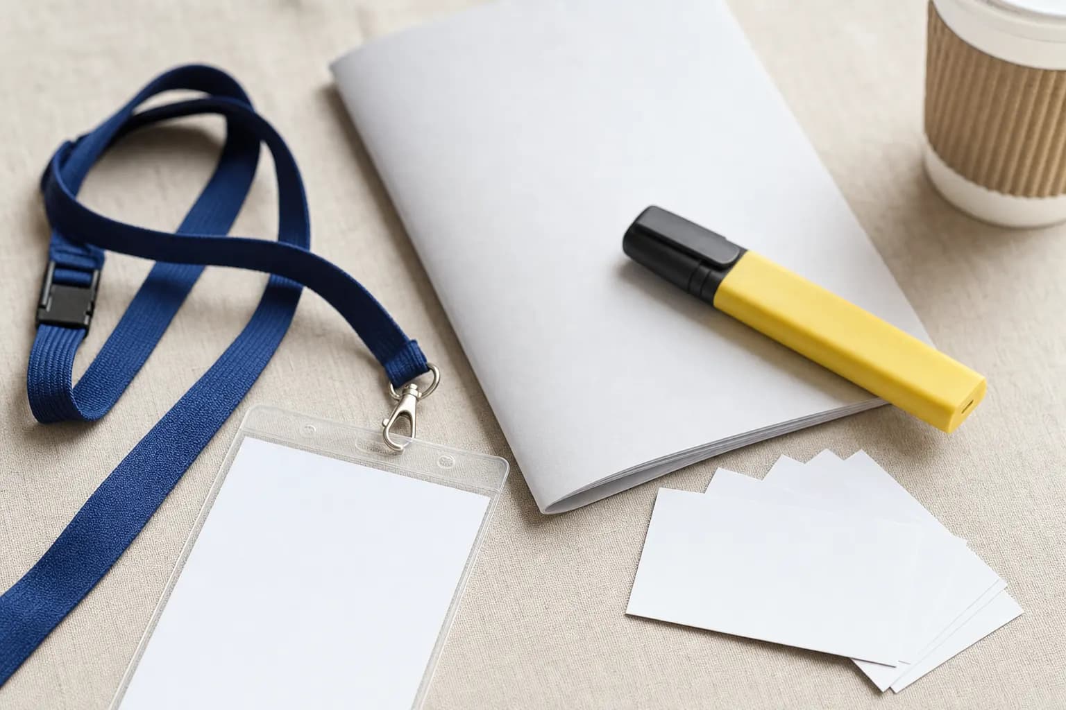 Konferenz-Lanyard, leeres Badge, Programm, gelber Marker und Kaffeebecher auf hellem Leinenstoff.
