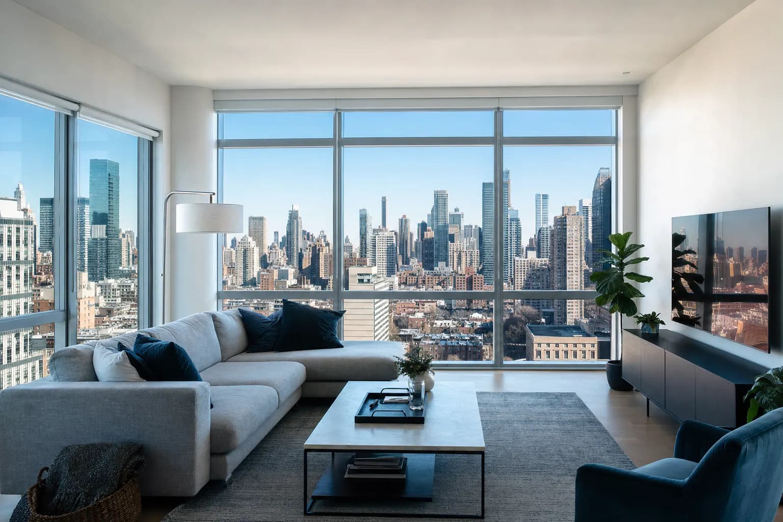 Heller moderner Wohnraum mit grossen Fenstern und Blick auf die Stadt