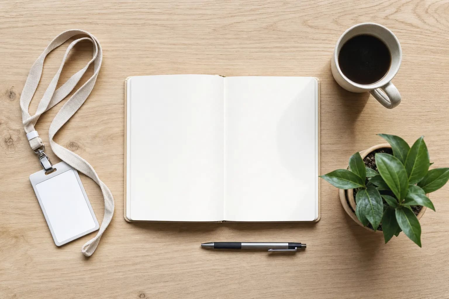 Willkommens-Set mit Notizbuch, Badge, Kaffee und Pflanze auf einem Tisch.