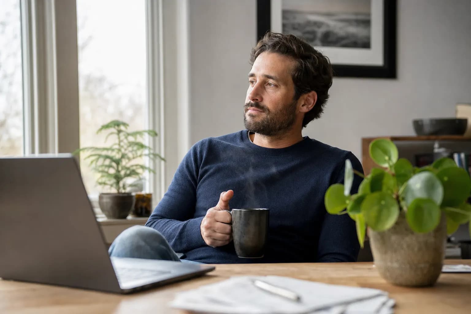 Frau mit Kaffeetasse liest Notizen an ihrem Schreibtisch mit Laptop in hellem Arbeitsraum.