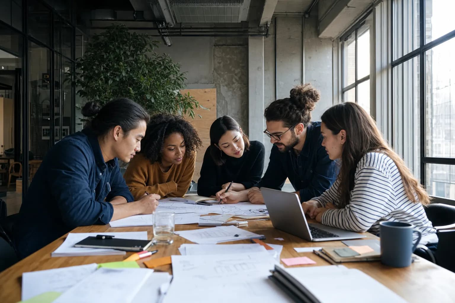 Junges Gründerteam arbeitet gemeinsam an einem langen Tisch in einem hellen Co-Working-Loft.