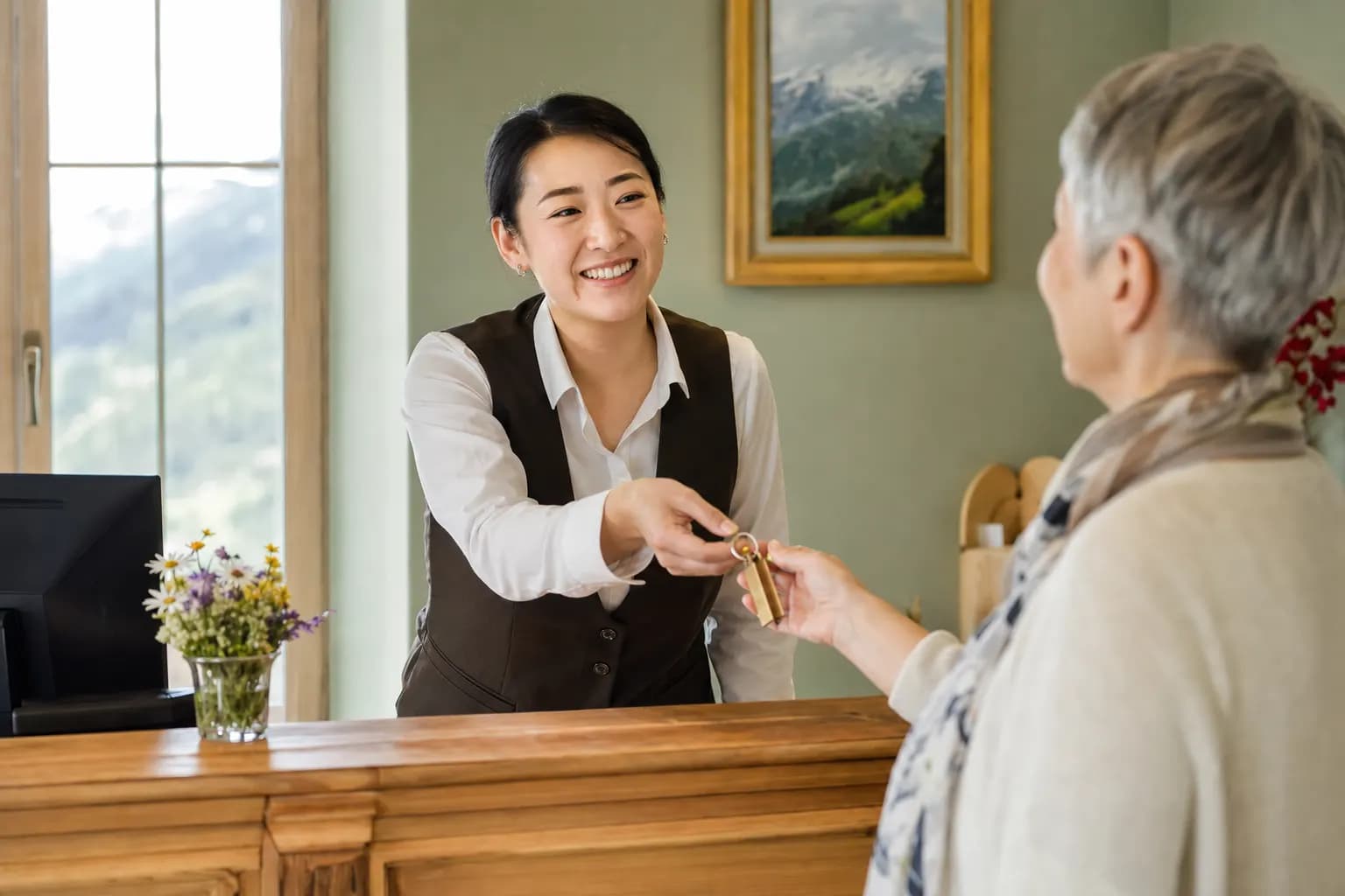 Gastgeberin an der Rezeption eines Schweizer Boutique-Hotels begrüsst herzlich einen ankommenden Gast.